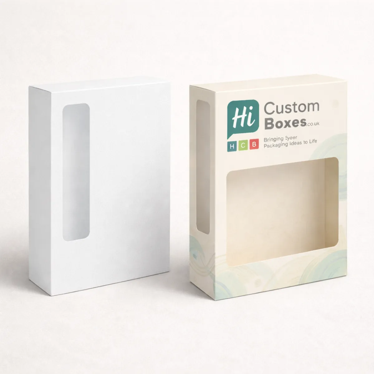 Two slim portrait boxes featuring rectangular cut-out windows to showcase the fabric texture inside- class=